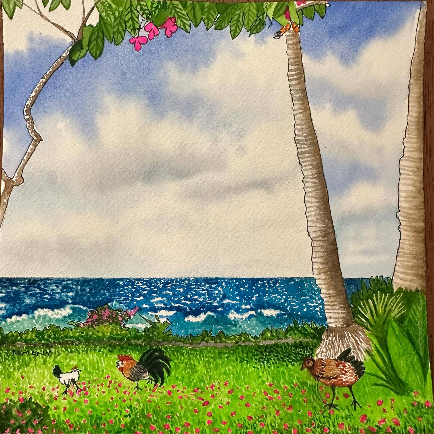 Watercolor & ink on Paper - Going Home to Roost on Kauai