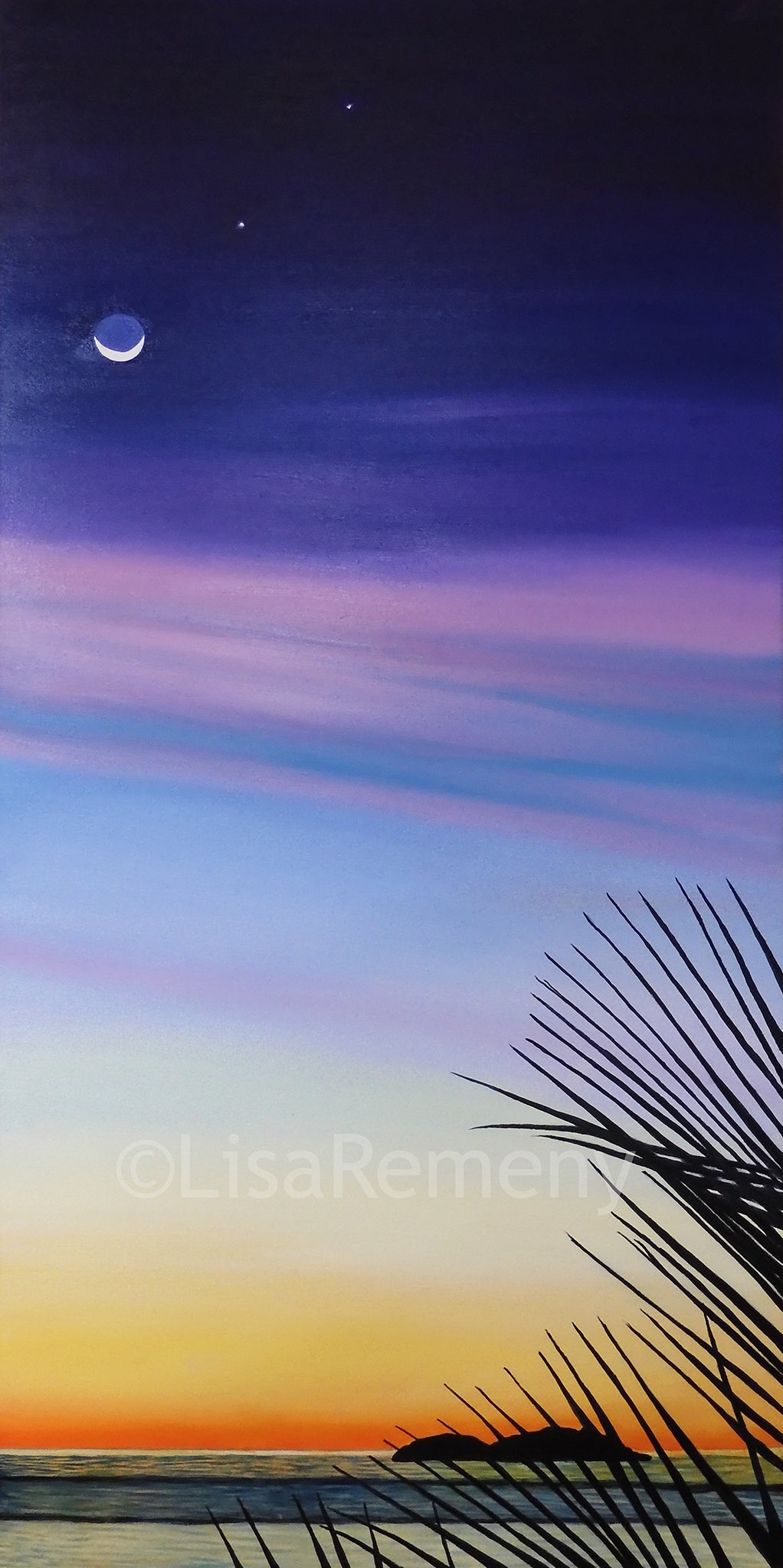 Oil Painting - Young Moon at Dusk, Cat Island, The Bahamas