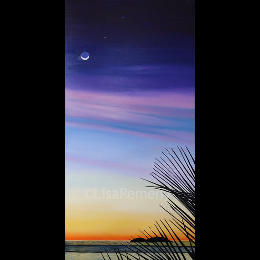 Oil Painting - Young Moon at Dusk, Cat Island, The Bahamas