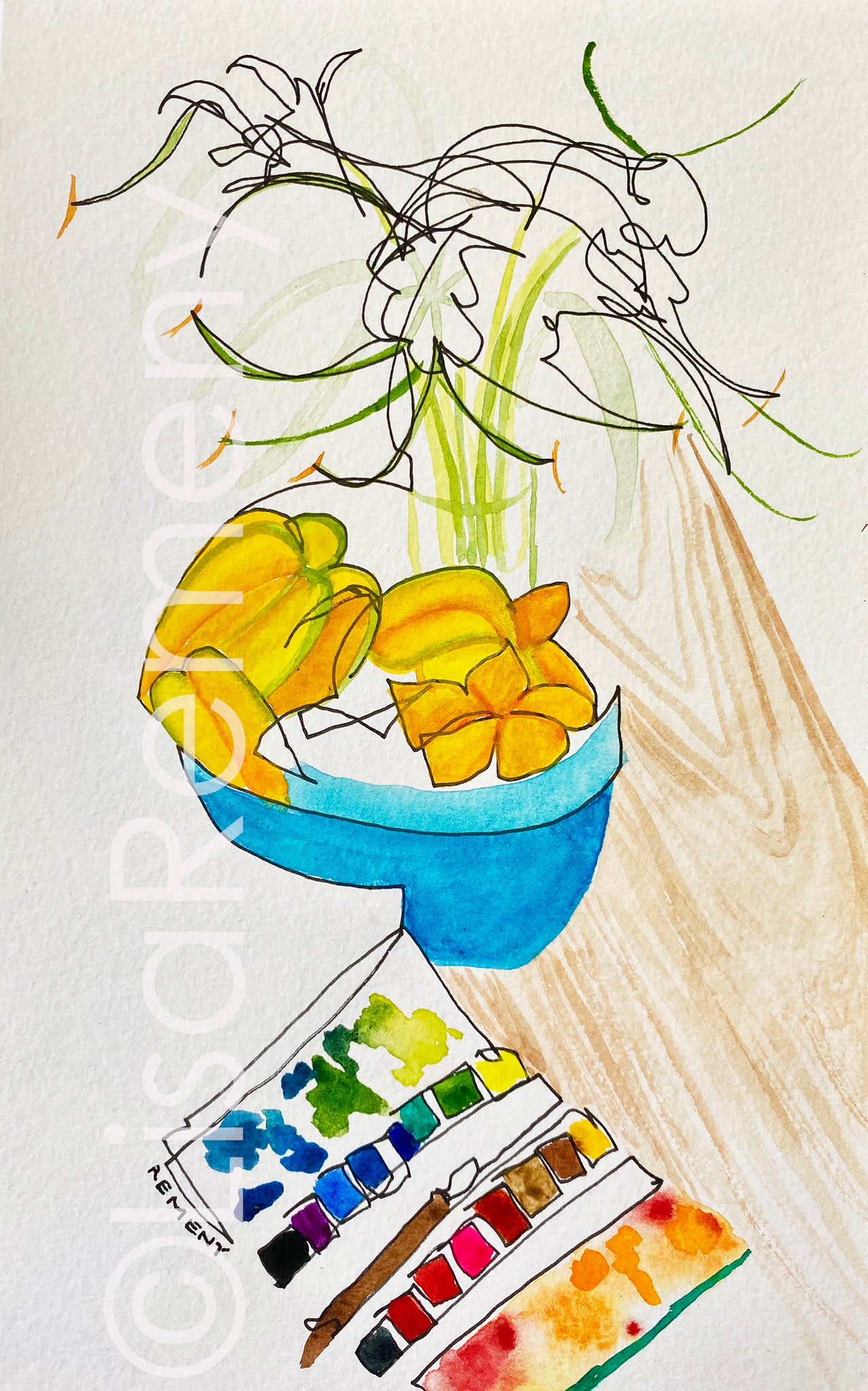 Watercolor & Ink on Paper - Star Fruit and Tican Lilies