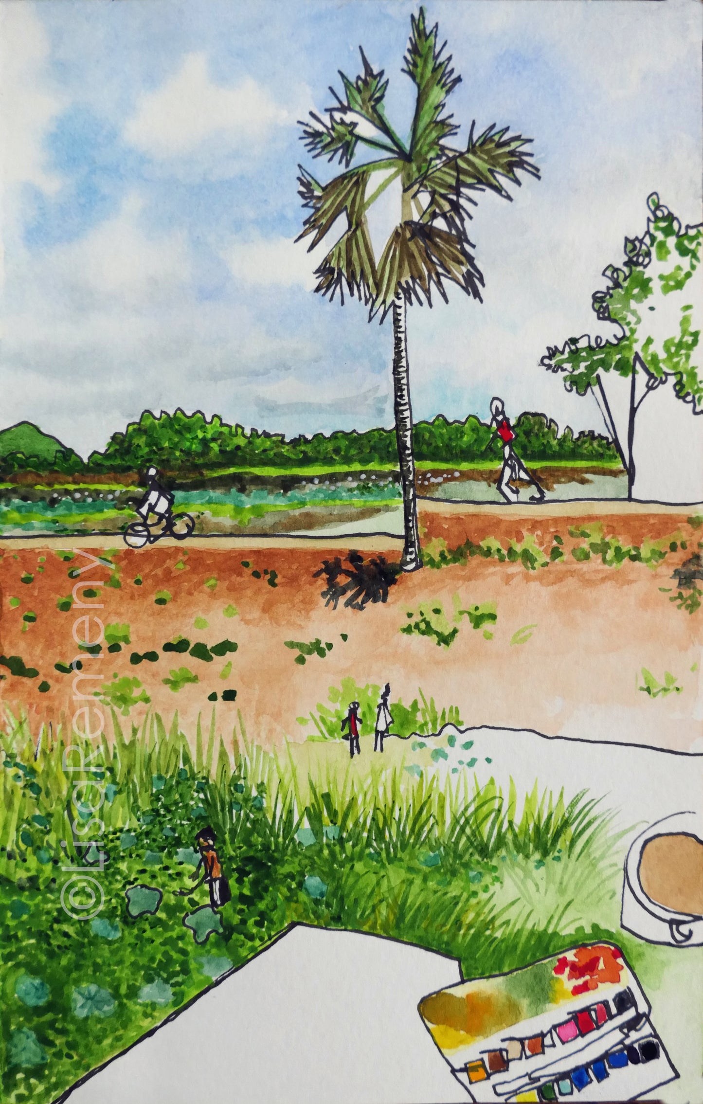Watercolor & Ink on Paper - Lotus Fields in Sri Lanka