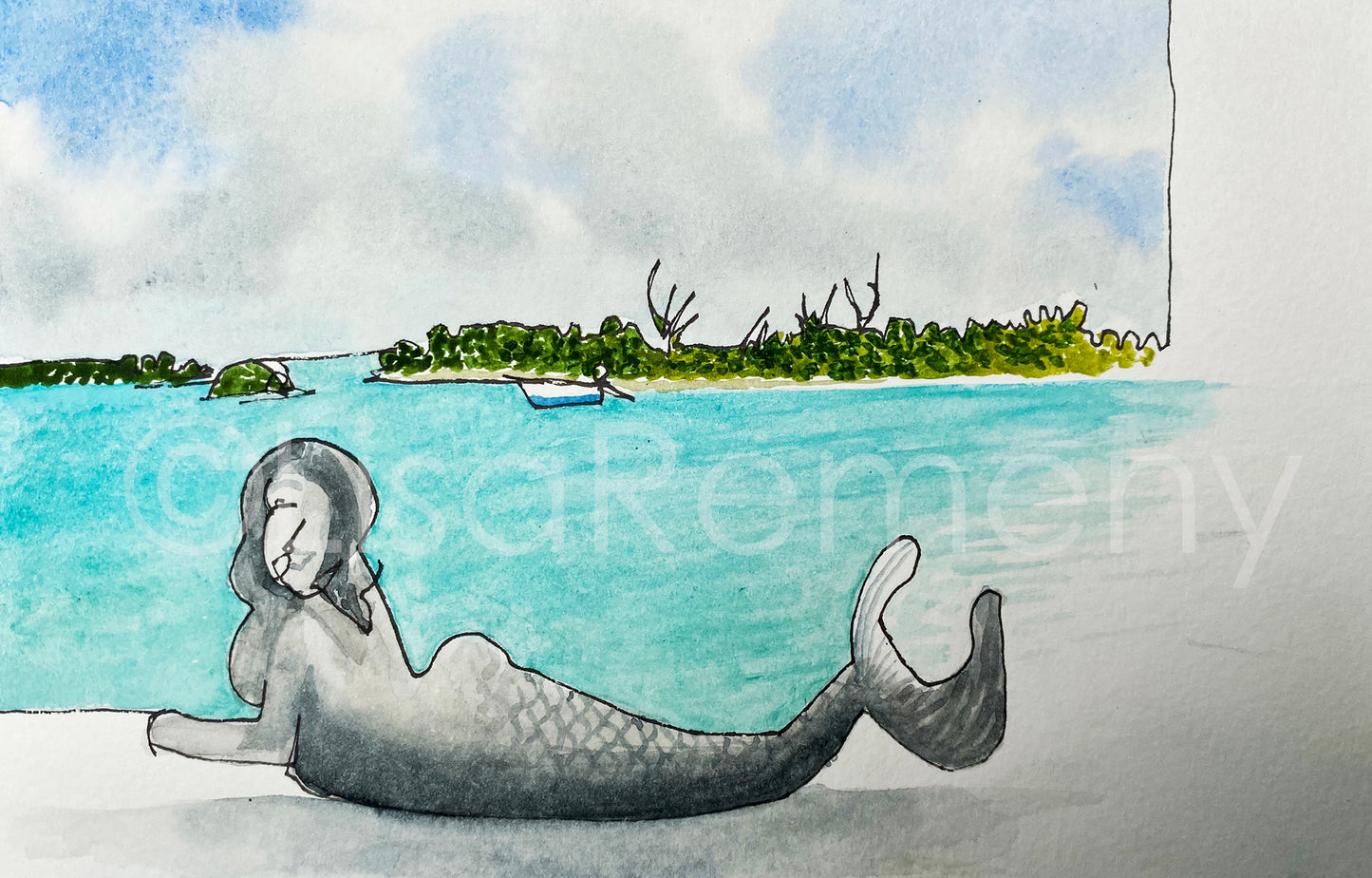 Watercolor and Ink on Paper - Mermaid Relaxing by the Creek