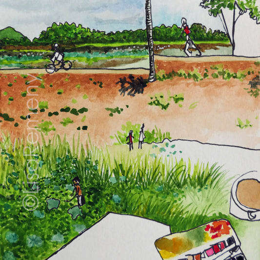 Watercolor & Ink on Paper - Lotus Fields in Sri Lanka