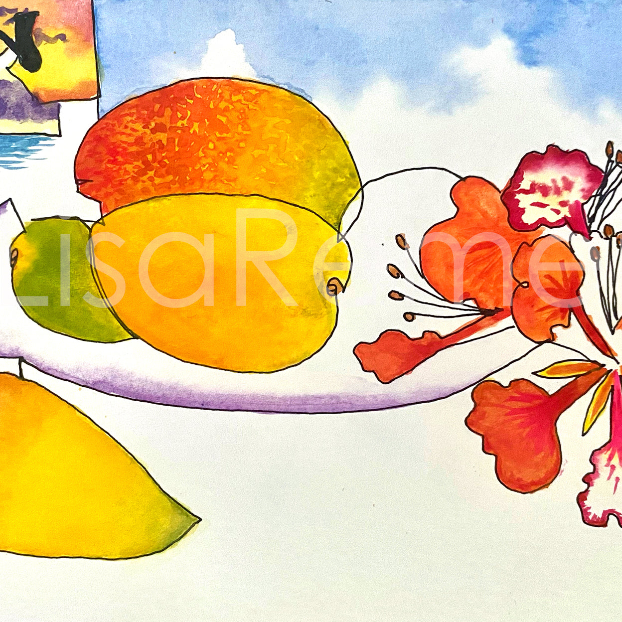 Watercolor & Ink on Paper - Mangos and Poinciana, Again