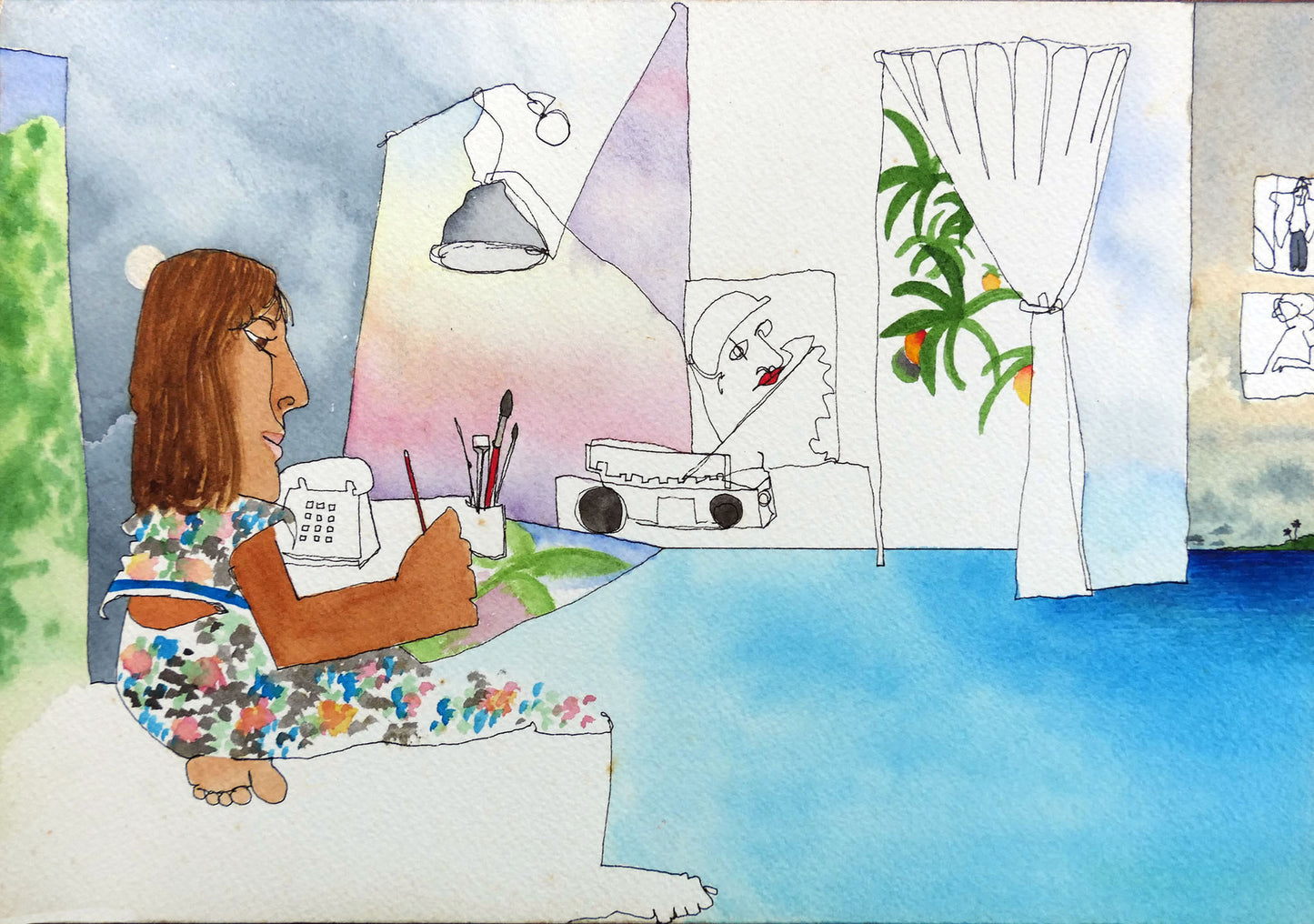 Watercolor & Ink on Paper - Cheina Painting, with Mango Tree