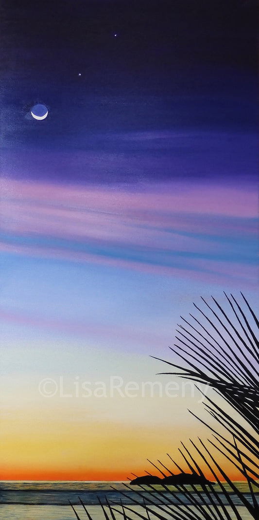 Oil Painting - "Young Moon at Dusk, Cat Island, The Bahamas"