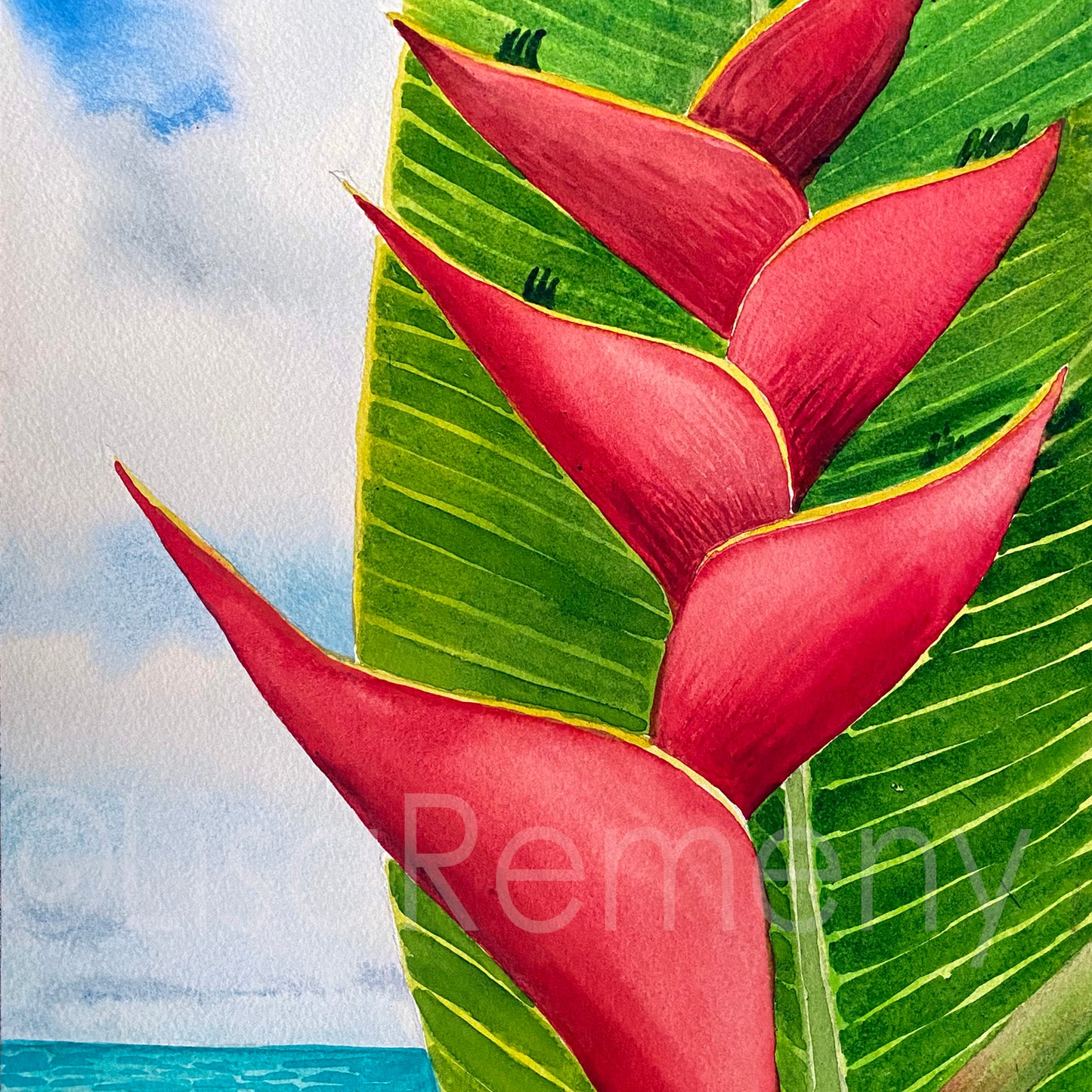 Watercolor on Paper - heliconia by the sea