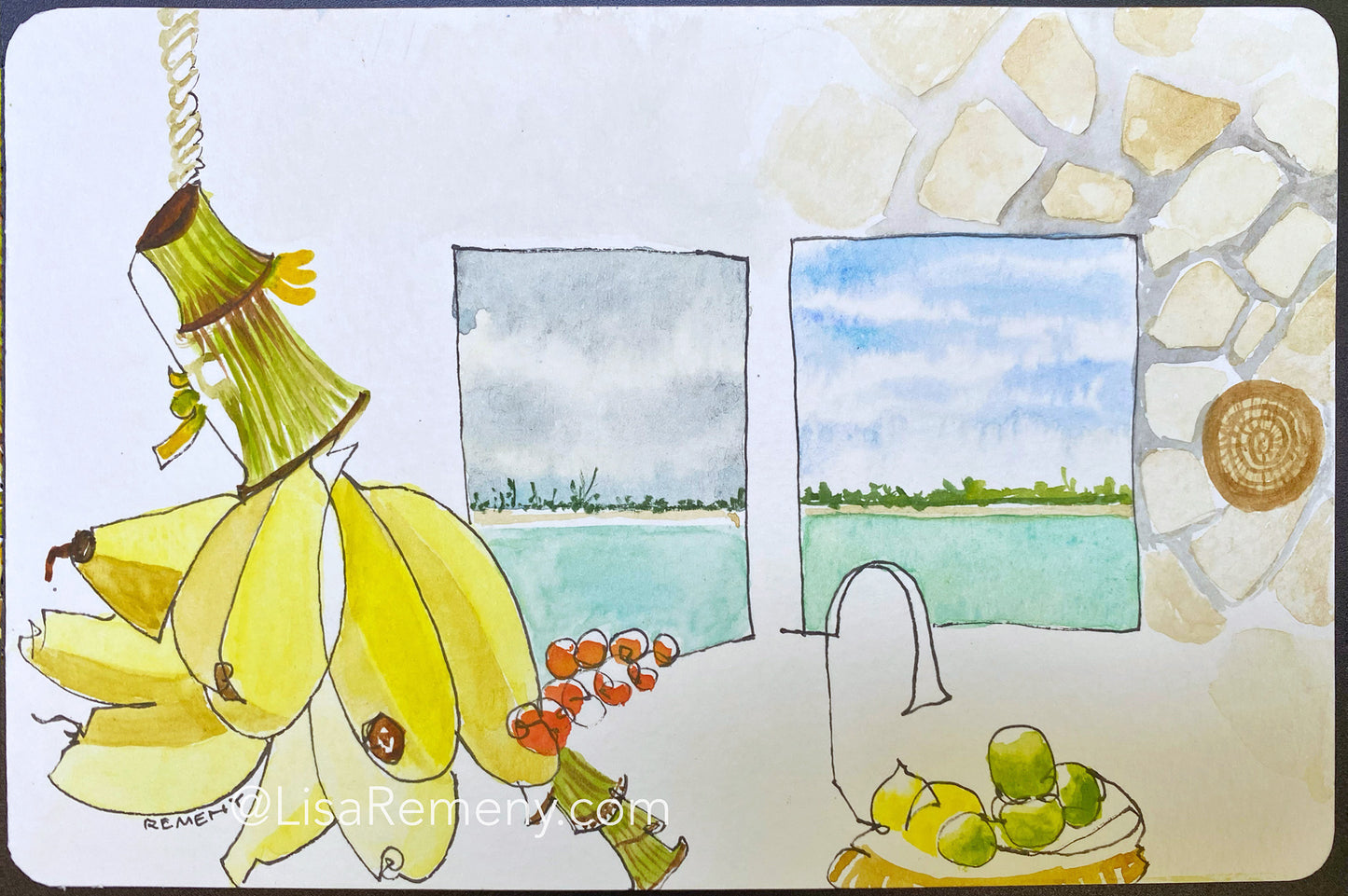 Archive - Watercolor + Ink on Paper - Cat Island Bananas x 2